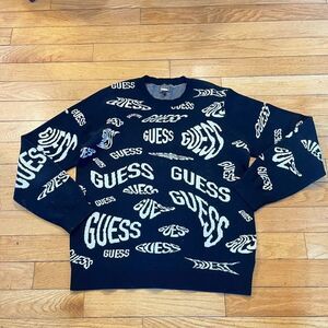 Guess Men's Sweatshirt Black White Large Allover Logo Print Long Sleeve Pullover